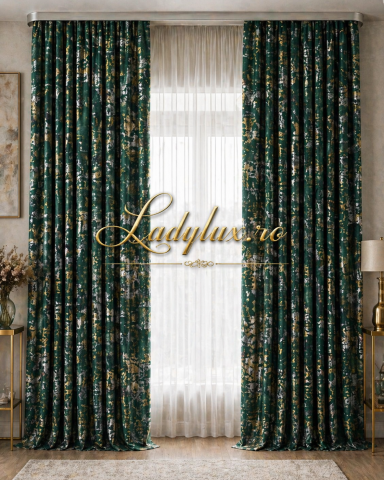 Draperii - Set Draperii Catifea Verde cu Insertii Aurii  Cu Tiv și Rejansă 3M-2.7h