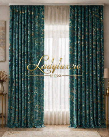 Draperii - Set Draperii Catifea Verde cu Insertii Aurii  Cu Tiv și Rejansă 3M-2.7h