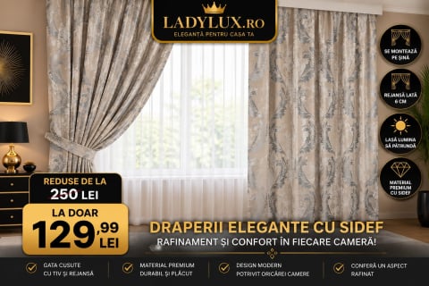 Draperii - Set Draperii  CREM +GRI MODEL FRUNZA Gata Cusute cu Tiv si Rejansă, 3M x 2.5