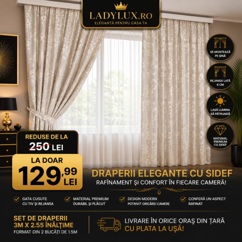 Draperii - Set Draperii  Crem  - MODEL FLORI DE GHEATA  Gata Cusute cu Tiv si Rejansă, 3M x 2.5