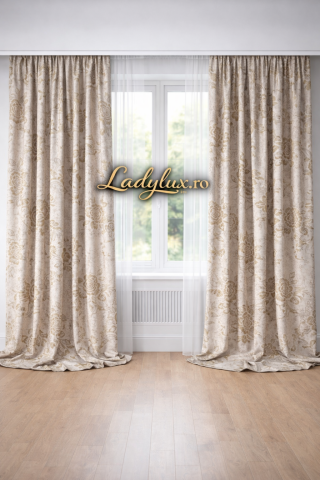 Draperii - Set Draperii Bej RS Model Trandafir 3M x2.7h Cu Tiv si Rejansă