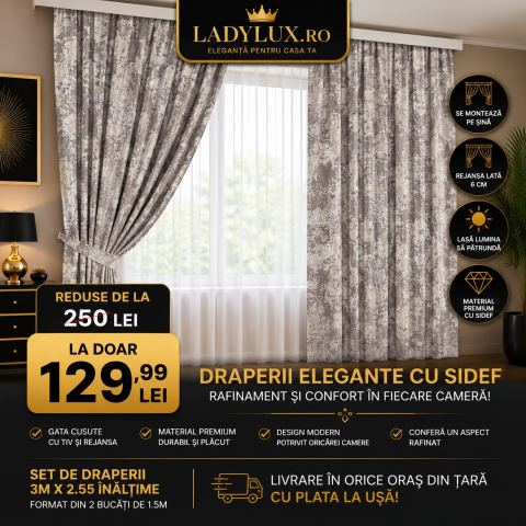 Draperii - Set Draperii Grej - MODEL FLORI DE GHEATA  Gata Cusute cu Tiv si Rejansă, 3M x 2.5