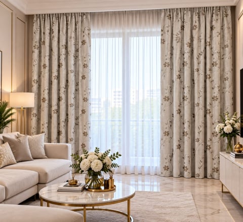 Draperii - Set Draperii Grej Model Floricele  Gata Cusute cu Tiv si Rejansă, 3M x 2.5