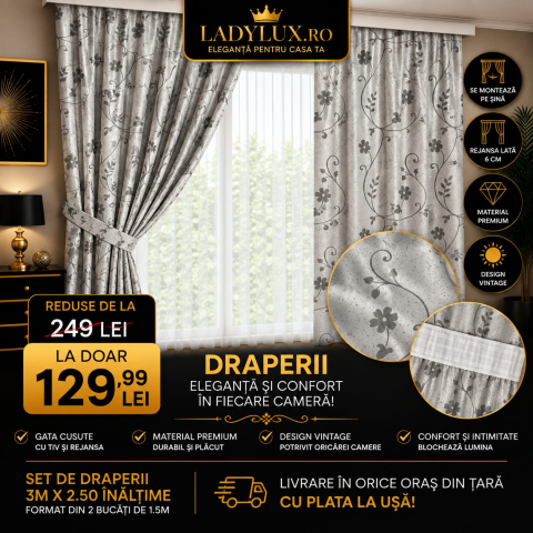 Draperii - Set Draperii CREM MODEL FLORICELE Gata Cusute cu Tiv si Rejansă, 3M x 2.5