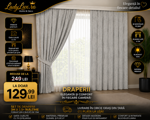 Draperii - Set Draperii Gri Gata Cusute cu Tiv si Rejansă, 3M x2.5h - Model Striati