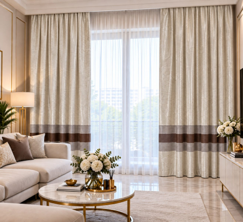 Draperii - Set Draperii Bej+Maro  Gata Cusute cu Tiv si Rejansă, 3M x2.7h - Model Hexa Blackout