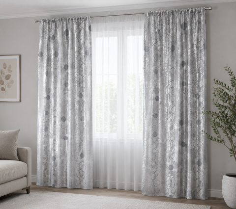 Draperii - Set Draperii Gri Gata Cusute cu Tiv si Rejansă, 3M x2.7h - Model Cercuri Blackout