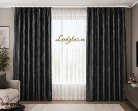 Draperii - Set Draperii Gri Gata Cusute cu Tiv si Rejansă, 3M x2.7h - Model Striati  Blackout