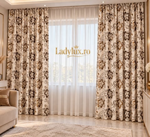 Draperii - Set Draperii Maro+Bej  Gata Cusute cu Tiv si Rejansă, 3M x 2.5 h Model Trandafir
