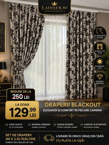 Draperii - Set Draperii Model Flori de Tei Gri+Negru Cu Tiv si Rejansa 3M-2.6