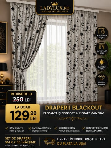 Draperii - Set Draperii Model Florina Gri+Negru Cu Tiv si Rejansa 3M-2.6