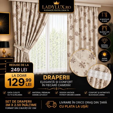 Draperii - Set Draperii Model Marga Crem Cu Tiv si Rejansa 3M-2.7h
