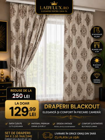 Draperii - Set Draperii Model Vintage  Crem+Maro Cu Tiv si Rejansa 3M-2.6