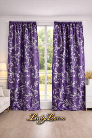 Draperii - Set Draperii Mov  Gata Cusute cu Tiv si Rejansă, 3M x 2.5 h Model Frunza