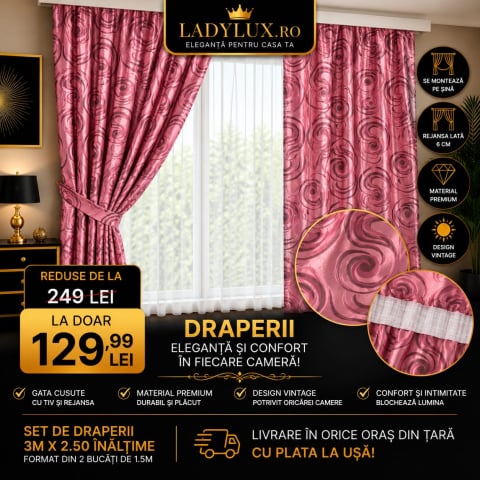 Draperii - Set Draperii ROZ  Model VARTEJ  Gata Cusute cu Tiv si Rejansă, 3M x 2.5H