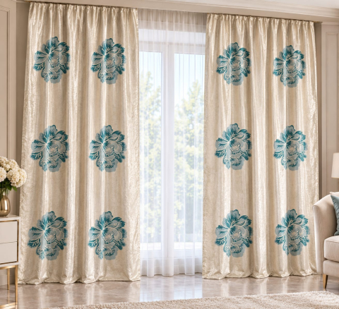 Draperii - Set Draperii Turcoaz+Crem Model Dalie  Gata Cusute cu Tiv si Rejansă, 3M x 2.7 h