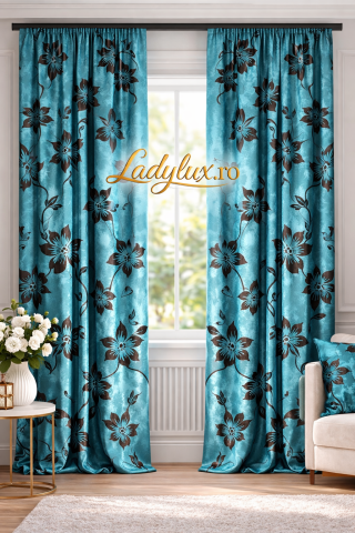 Draperii - Set Draperii Turcoaz cu Flori Negre 3M x 2.7h - Cu Tiv si Rejansa