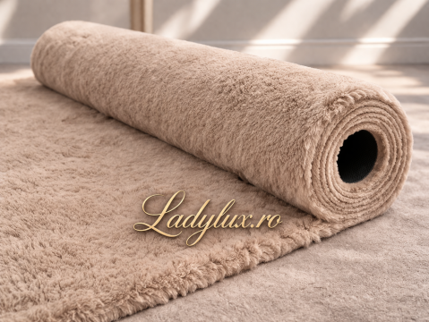 Latime 200 - Traversă/Covor la Metru Liniar 200 cm Latime tip Blăniță Capucino, imitație blană de iepuraș, antiderapantă, moale și pufoasă, pentru hol și dormitor