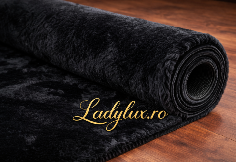 Latime 80 - Traversă/Covor la Metru Liniar 80 cm Latime tip Blăniță Neagra, imitație blană de iepuraș, antiderapantă, moale și pufoasă, pentru hol și dormitor
