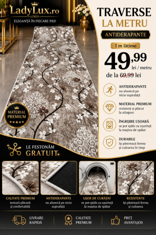 Latime 100 - Traversă la metru liniar, Model Flori Bej Latime 100