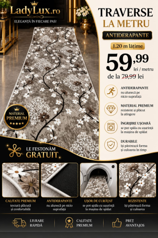 Latime 120 - Traversă la metru liniar, Model Flori Bej Latime 120cm