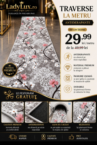 Latime 60 - Traversă la metru liniar, Model Flori Bej Latime 60 cm