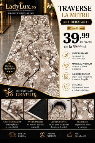 Latime 80 - Traversă la metru liniar, Model Flori Bej Latime 80 CM