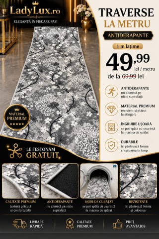 Latime 100 - Traversă la metru liniar, Model Flori Gri Latime 100cm