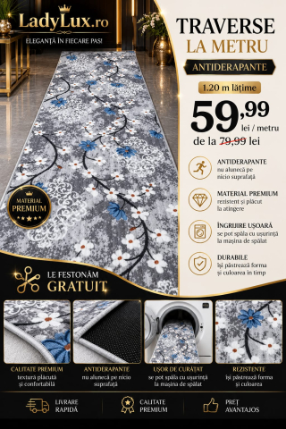 Latime 120 - Traversă la metru liniar, Model Flori Gri Latime 120cm