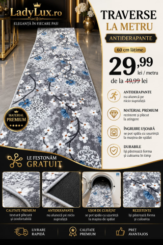 Latime 60 - Traversă la metru liniar, Model Flori Gri Latime 60 cm