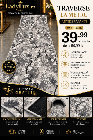 Latime 80 - Traversă la metru liniar, Model Flori Gri Latime 80 cm