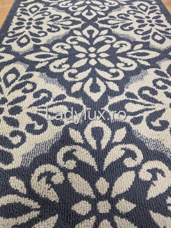 Latime 100 - Traversă la metru liniar, Model Floare Gri+Crem  – Cauciucată și Antiderapantă 100 cm latime C1730