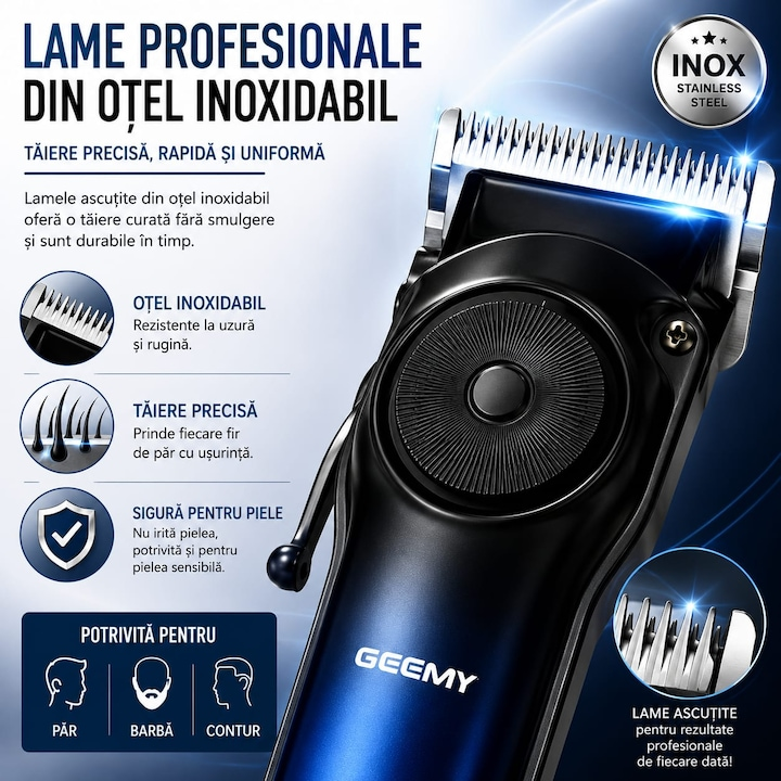Mașină de Tuns Profesională GEEMY GM-8102, Reîncărcabilă USB, Display LED, Lame Inox, 4 Piepteni, pentru Păr, Barbă și Contur [3]