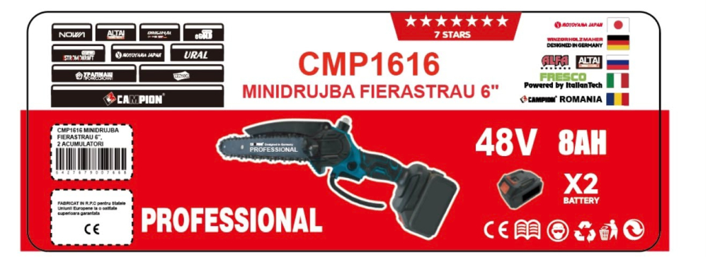 Mini Drujbă cu Acumulator CAMPION PROFESSIONAL CMP1616, Lamă 6”, 48V, 8Ah, 2 Acumulatori, Valiză și Accesorii [5]