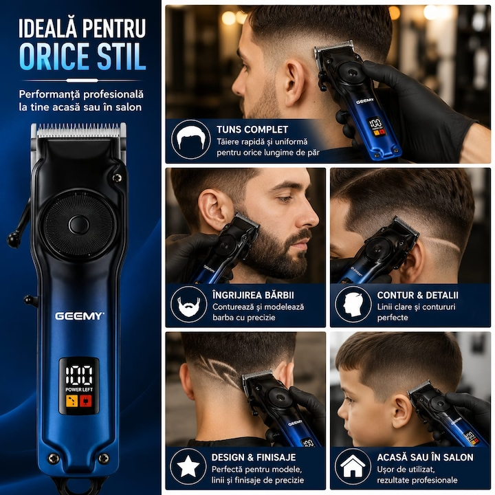 Mașină de Tuns Profesională GEEMY GM-8102, Reîncărcabilă USB, Display LED, Lame Inox, 4 Piepteni, pentru Păr, Barbă și Contur [4]