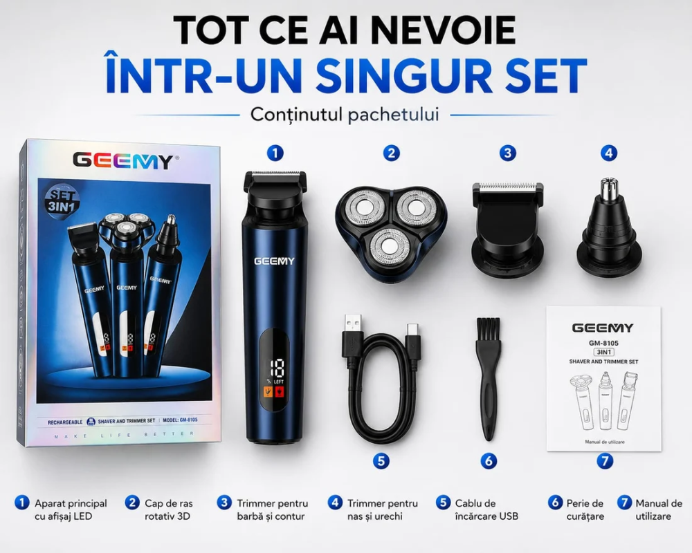 Aparat de Ras și Tuns GEEMY GM-8105, Set 3 în 1, Shaver Rotativ, Trimmer Barbă, Nas și Urechi, Display LED, Reîncărcabil USB [6]
