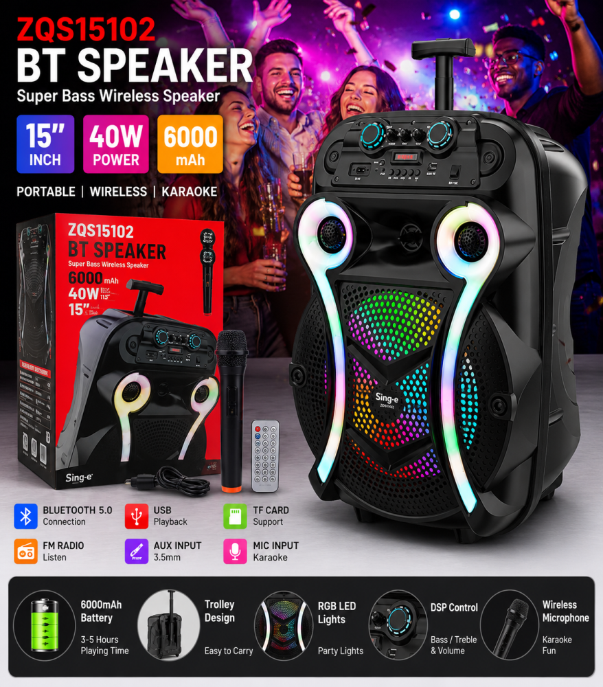 Boxă Portabilă Bluetooth Sing-e ZQS15102, 40 cm, 40W, RGB, Microfon Wireless, Telecomandă, Trolley, FM/USB/TF [6]