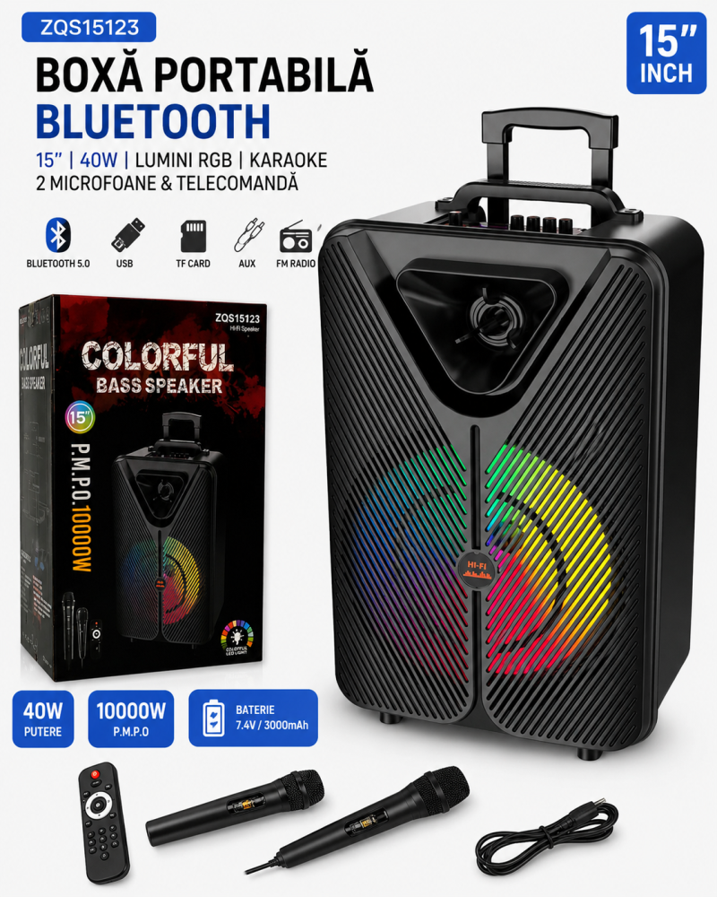 Boxă Portabilă Bluetooth Sing-e ZQS15123, 40 cm, 40W, RGB, Microfon și Telecomandă [2]