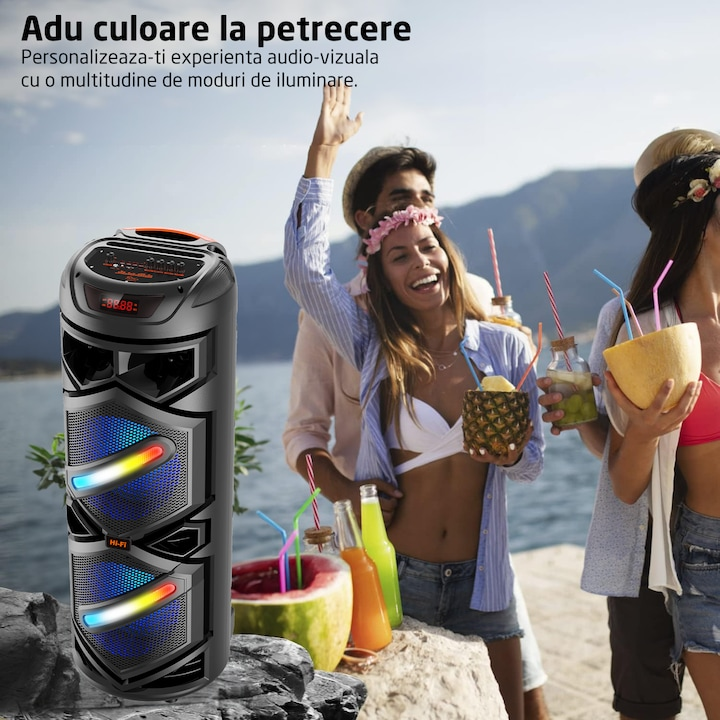 Boxa wireless, bass puternic, 83cm, amplificator sunet, Bluetooth, microfon, telecomanda, card, stick si AUX [7]