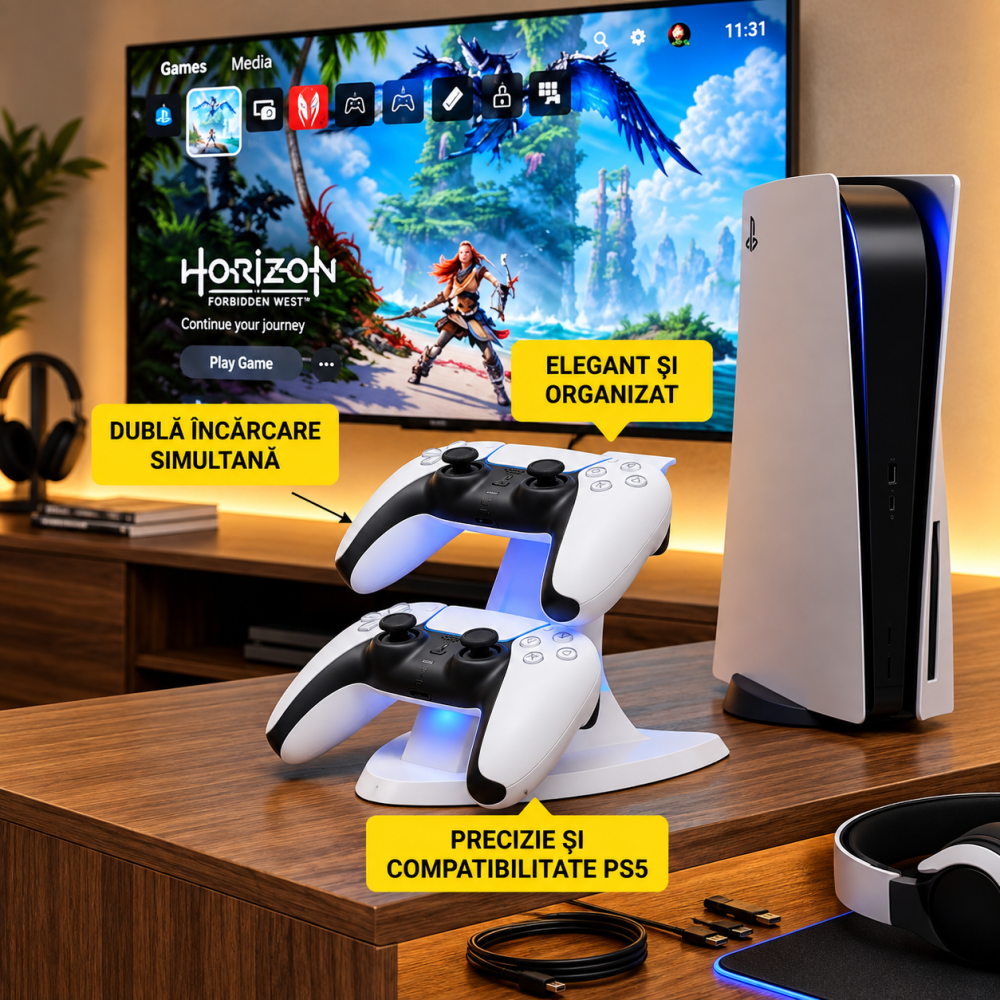 Stație de încărcare dublă pentru controllere PS5 DualSense, 2 porturi, USB Type-C, iluminare LED, suport vertical, alb [3]