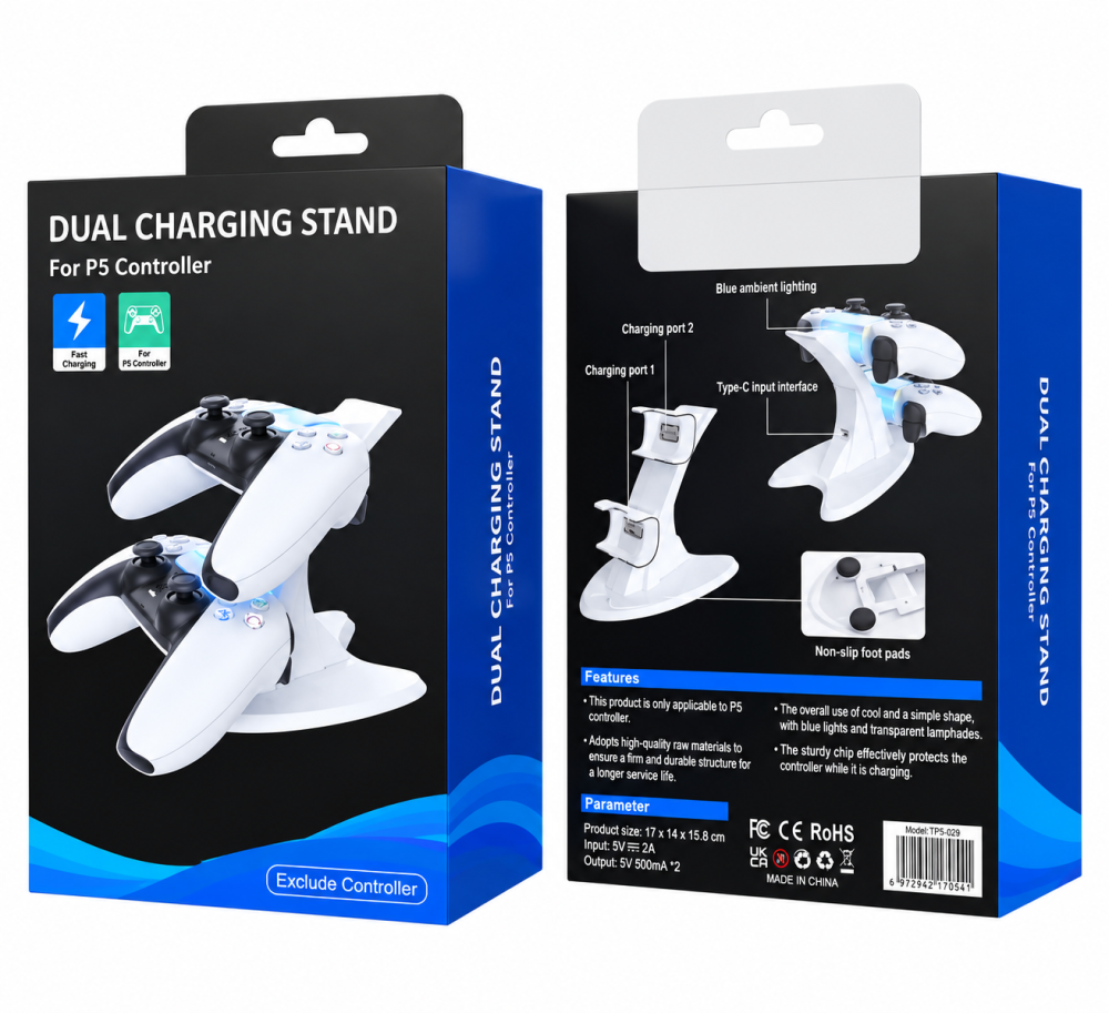 Stație de încărcare dublă pentru controllere PS5 DualSense, 2 porturi, USB Type-C, iluminare LED, suport vertical, alb [4]