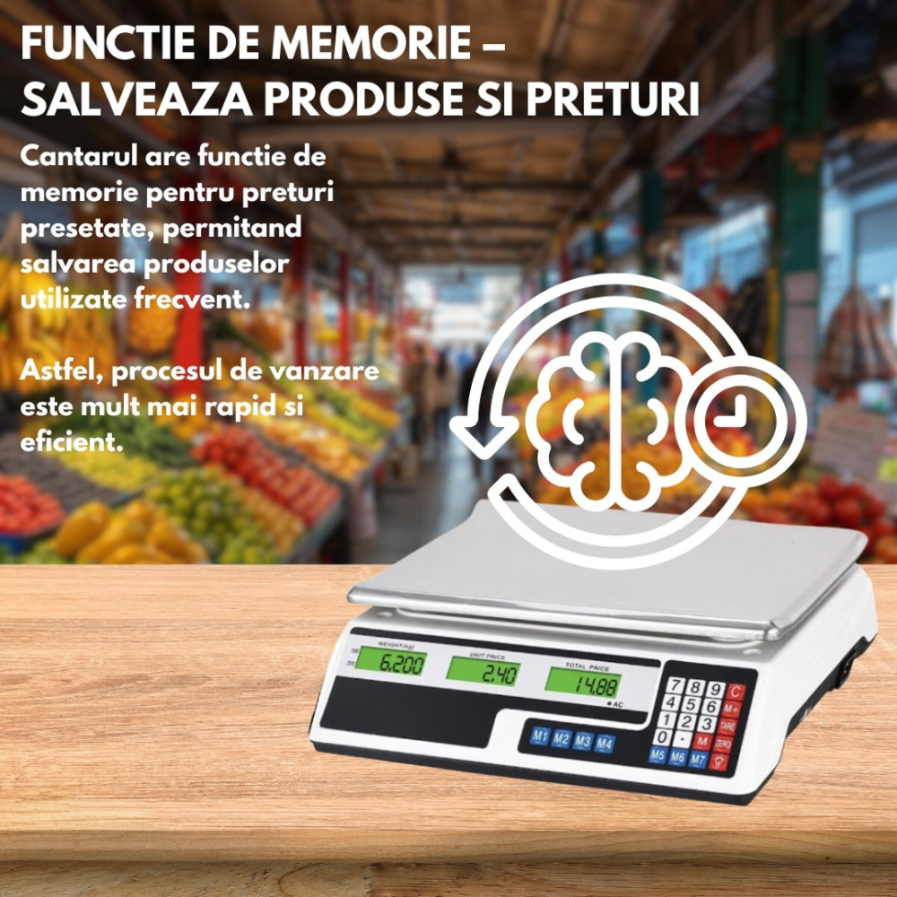 Cantar Comercial Electronic Profesional 40 kg, Acumulator 4V, Afisaj LCD Dublu Iluminat, Calcul Pret, Functie Memorie, Tava din Inox [6]