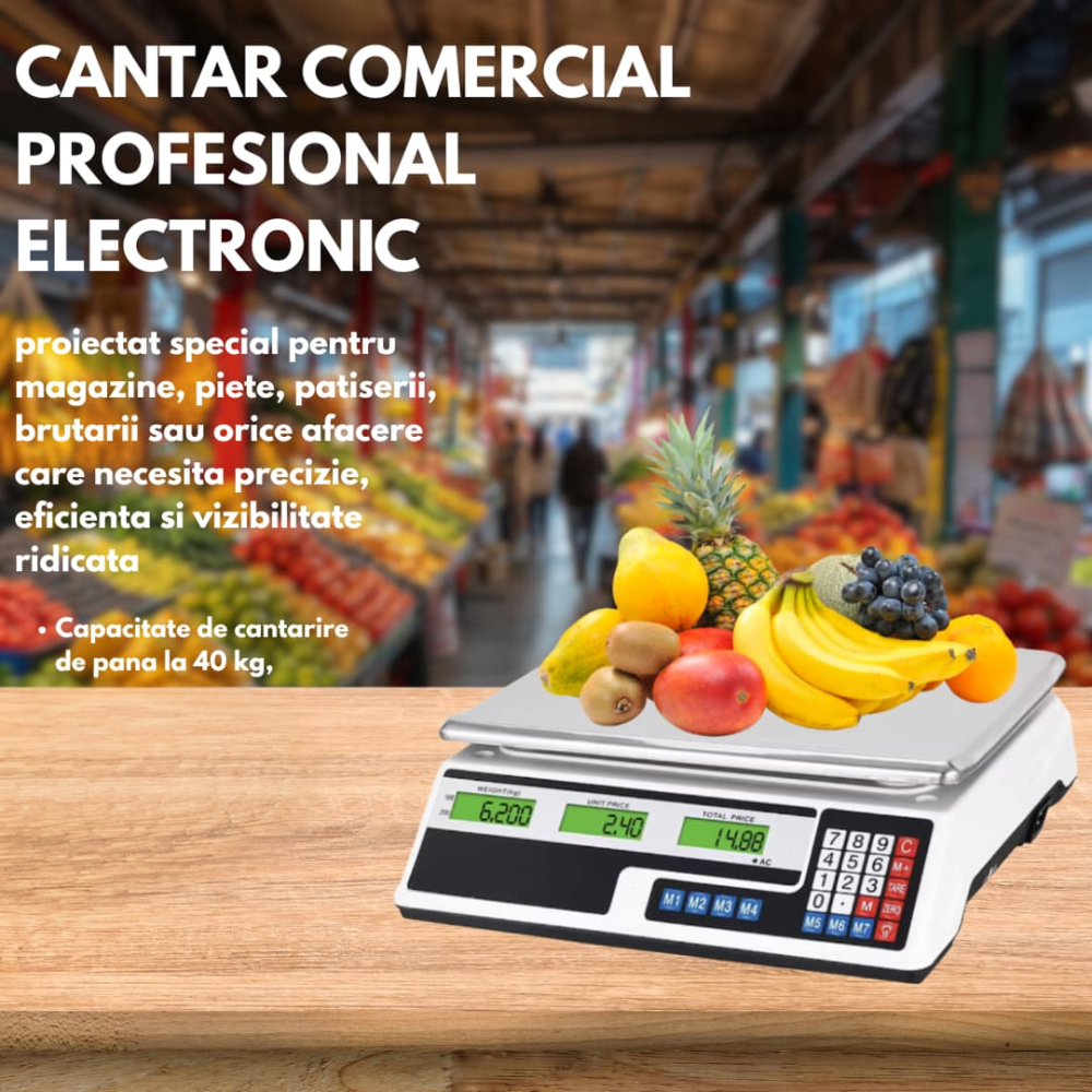 Cantar Comercial Electronic Profesional 40 kg, Acumulator 4V, Afisaj LCD Dublu Iluminat, Calcul Pret, Functie Memorie, Tava din Inox [4]