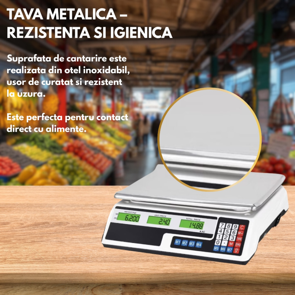 Cantar Comercial Electronic Profesional 40 kg, Acumulator 4V, Afisaj LCD Dublu Iluminat, Calcul Pret, Functie Memorie, Tava din Inox [5]