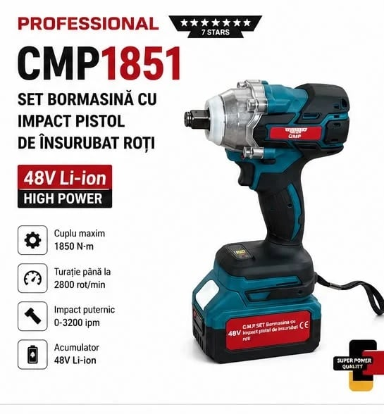 Cheie de Impact CAMPION PROFESSIONAL CMP1851, 2 Acumulatori 48V/10Ah, Motor Brushless, 1850Nm, Mandrină 1/2", Accesorii și Valiză [8]