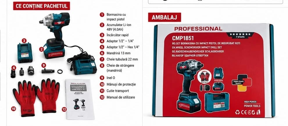 Cheie de Impact CAMPION PROFESSIONAL CMP1851, 2 Acumulatori 48V/10Ah, Motor Brushless, 1850Nm, Mandrină 1/2", Accesorii și Valiză [6]