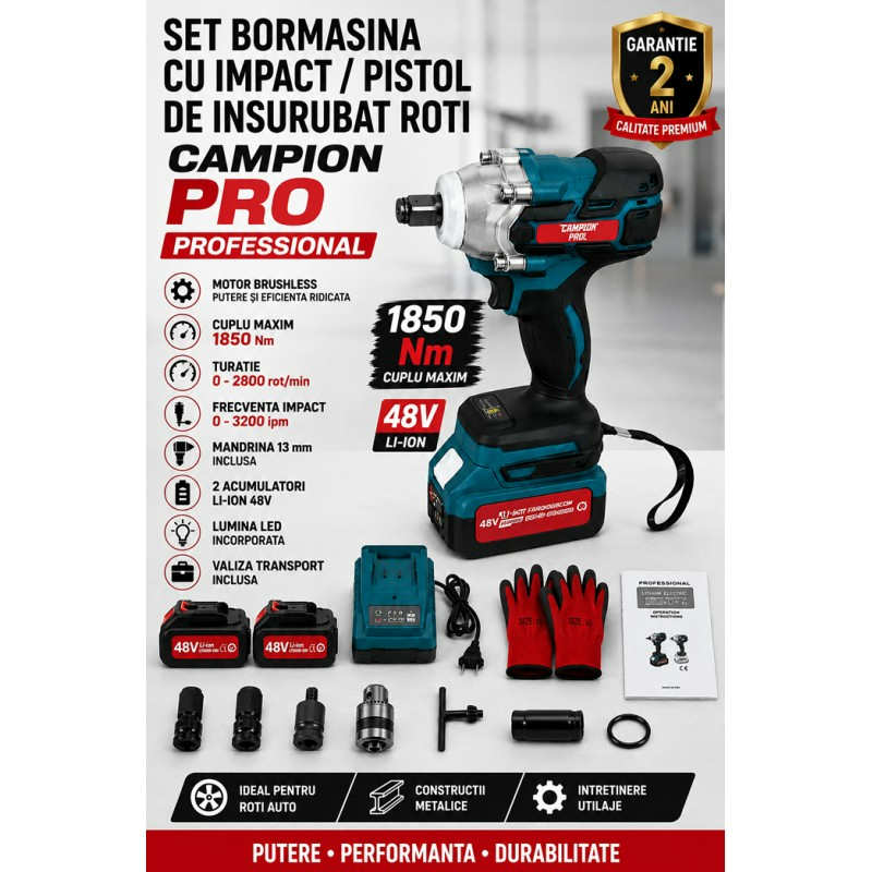 Cheie de Impact CAMPION PROFESSIONAL CMP1851, 2 Acumulatori 48V/10Ah, Motor Brushless, 1850Nm, Mandrină 1/2", Accesorii și Valiză [5]