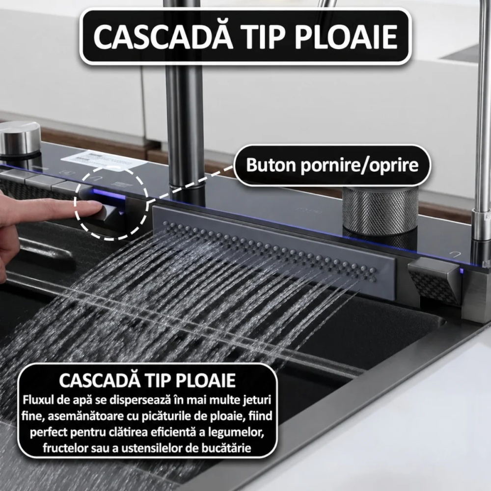 Chiuveta Multifunctionala Premium cu 2 Cascade si Afisaj Digital Temperatura, 75x46 cm, Inox SUS 304, Hidroenergie, LED, Negru Grafit, Accesorii Incluse [4]