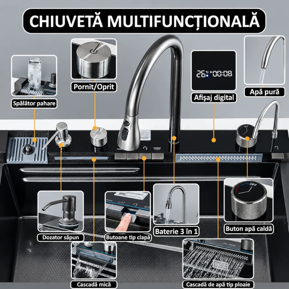 Chiuveta Multifunctionala Premium cu 2 Cascade si Afisaj Digital Temperatura, 75x46 cm, Inox SUS 304, Hidroenergie, LED, Negru Grafit, Accesorii Incluse [10]