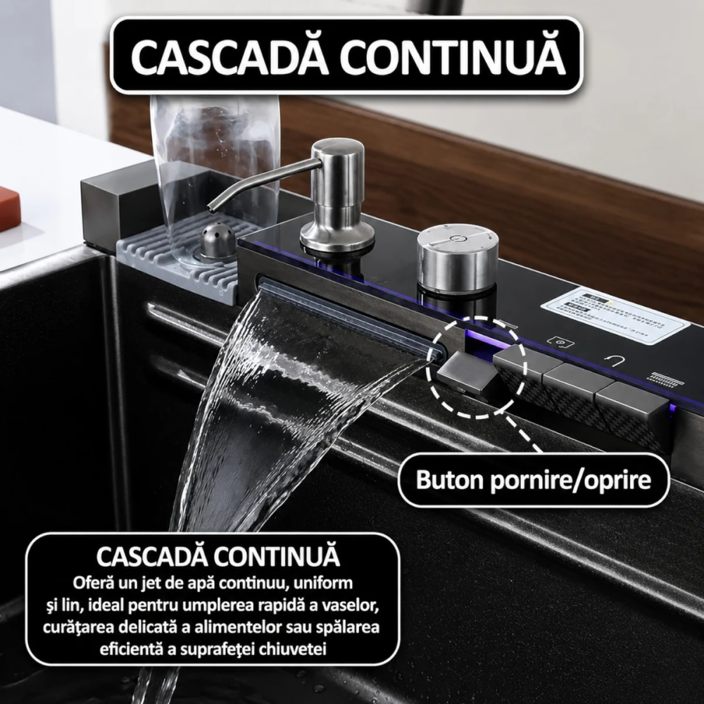 Chiuveta Multifunctionala Premium cu 2 Cascade si Afisaj Digital Temperatura, 75x46 cm, Inox SUS 304, Hidroenergie, LED, Negru Grafit, Accesorii Incluse [3]